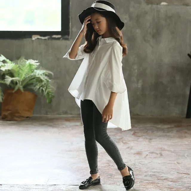 Korean Style Kids Shirts Teenagers Summer Tops Long Shirts for Teenage Girls 2022 Teen White Yellow Blouse 12 14 Years Clothes