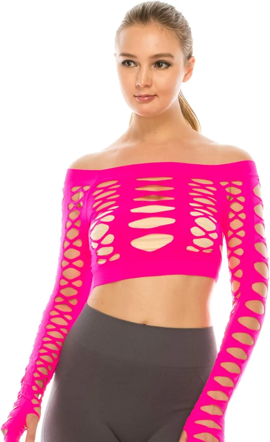 Kurve Women’s Sexy Fishnet Top – Hybrid Cut Out Mesh Long Sleeve Crop Shirt, UV Protective Fabric UPF 50  (Made in USA)
