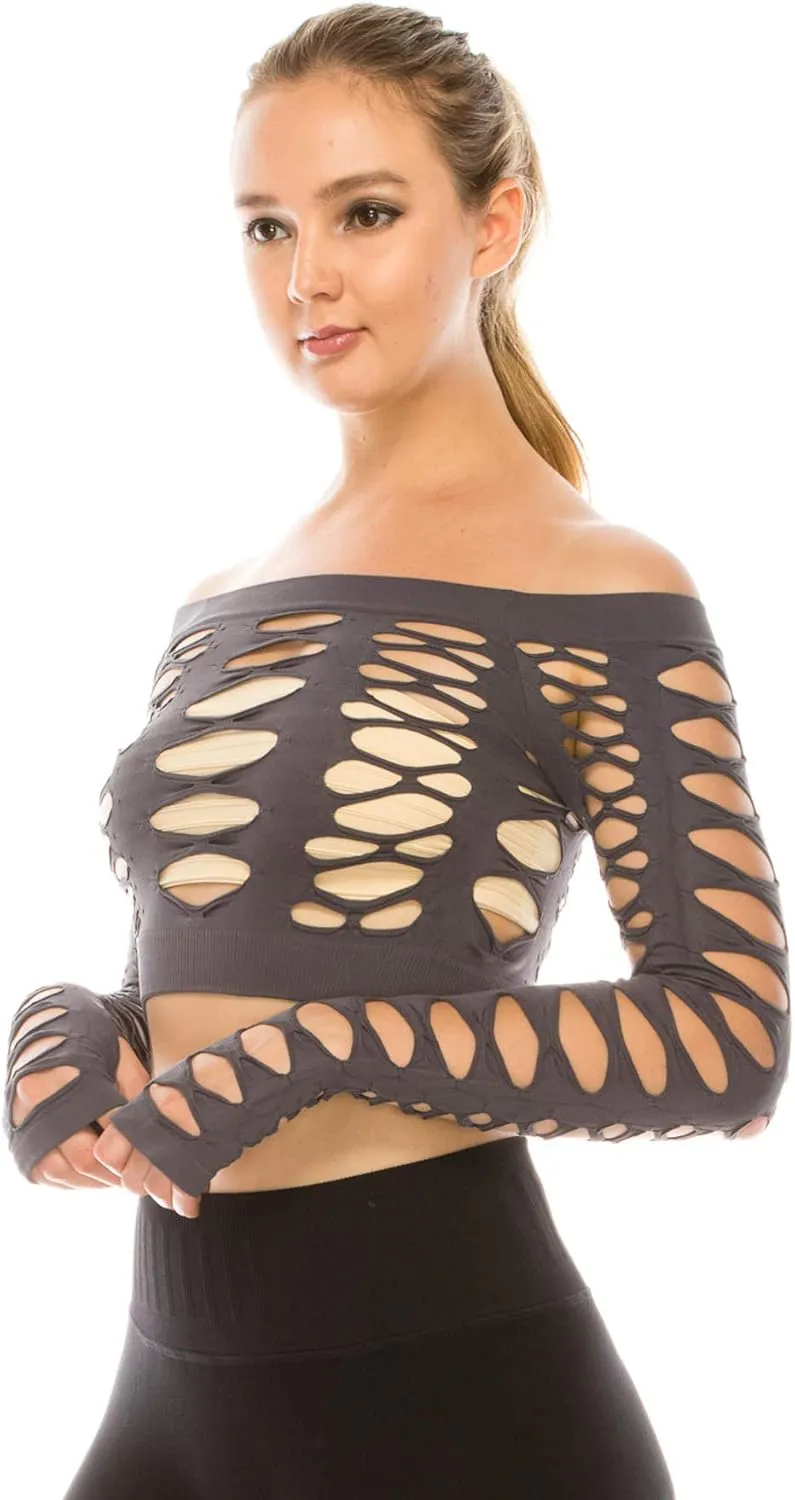 Kurve Women’s Sexy Fishnet Top – Hybrid Cut Out Mesh Long Sleeve Crop Shirt, UV Protective Fabric UPF 50  (Made in USA)