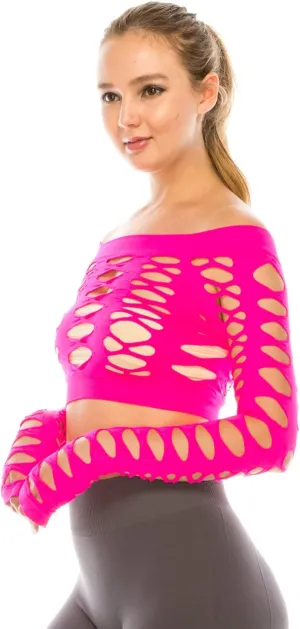 Kurve Women’s Sexy Fishnet Top – Hybrid Cut Out Mesh Long Sleeve Crop Shirt, UV Protective Fabric UPF 50  (Made in USA)