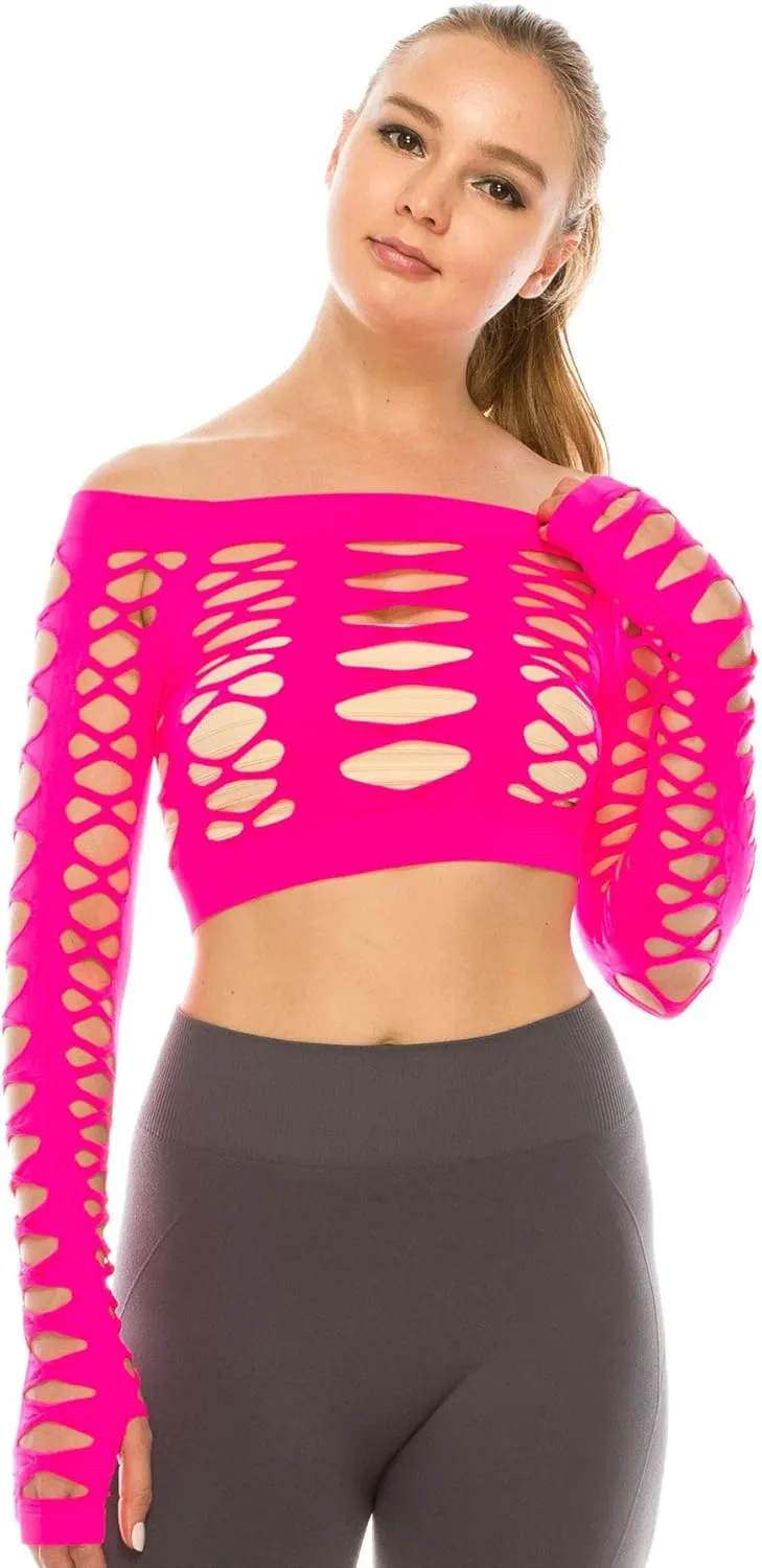Kurve Women’s Sexy Fishnet Top – Hybrid Cut Out Mesh Long Sleeve Crop Shirt, UV Protective Fabric UPF 50  (Made in USA)