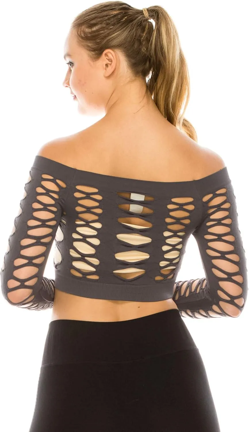 Kurve Women’s Sexy Fishnet Top – Hybrid Cut Out Mesh Long Sleeve Crop Shirt, UV Protective Fabric UPF 50  (Made in USA)