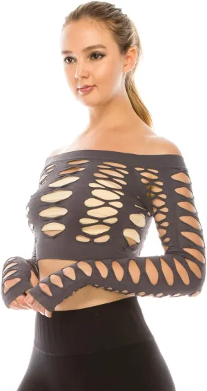 Kurve Women’s Sexy Fishnet Top – Hybrid Cut Out Mesh Long Sleeve Crop Shirt, UV Protective Fabric UPF 50  (Made in USA)