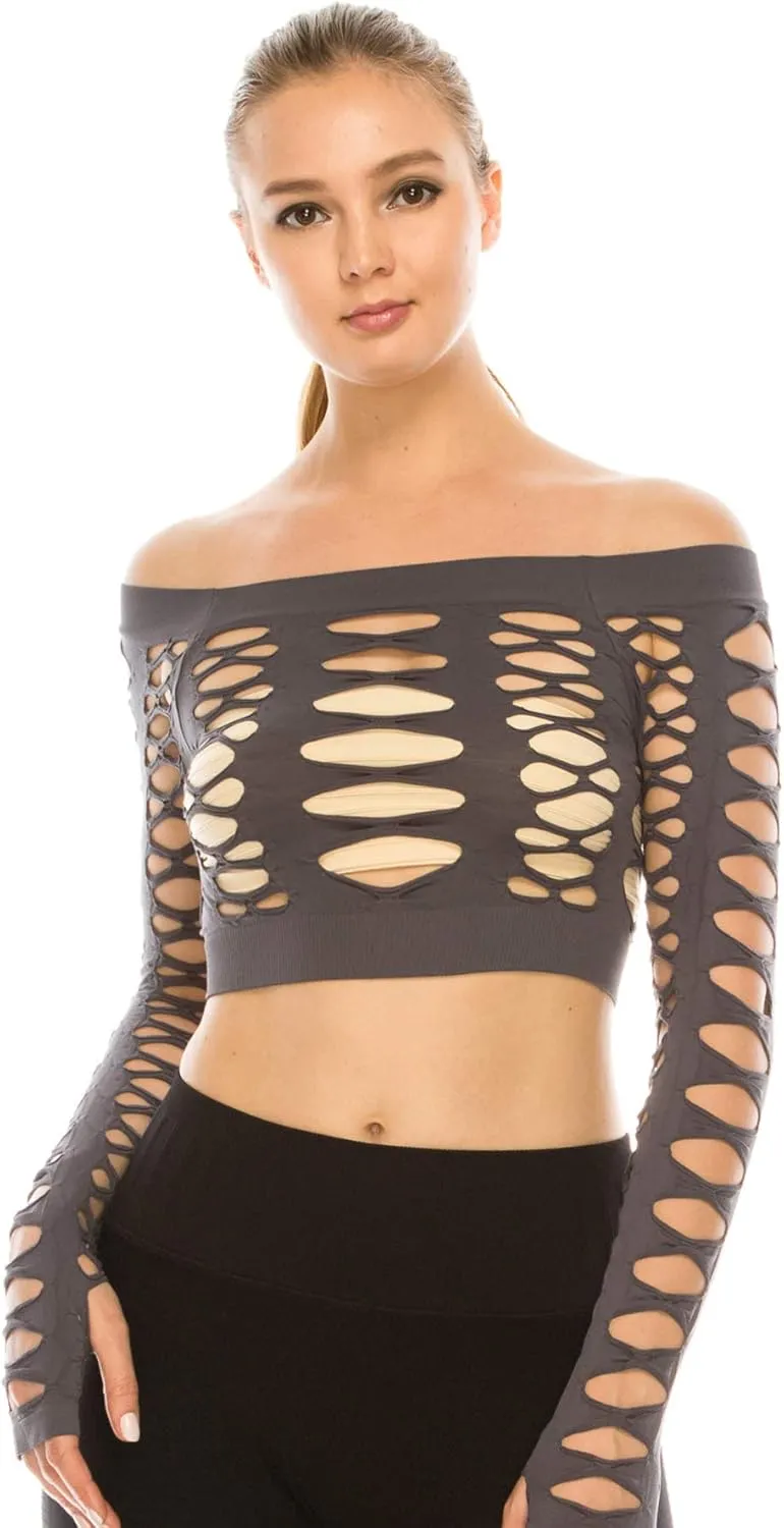 Kurve Women’s Sexy Fishnet Top – Hybrid Cut Out Mesh Long Sleeve Crop Shirt, UV Protective Fabric UPF 50  (Made in USA)