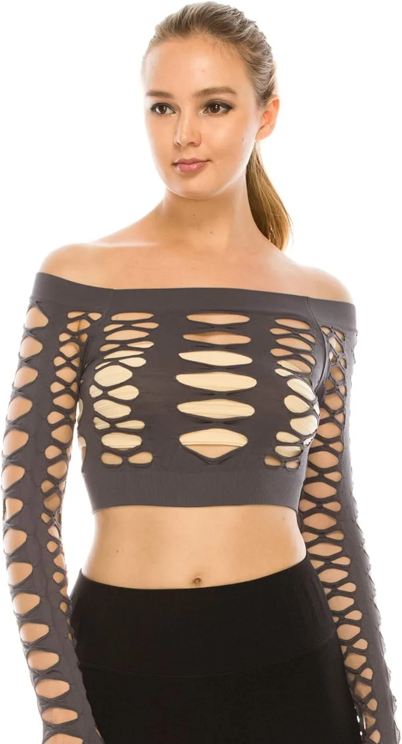 Kurve Women’s Sexy Fishnet Top – Hybrid Cut Out Mesh Long Sleeve Crop Shirt, UV Protective Fabric UPF 50  (Made in USA)