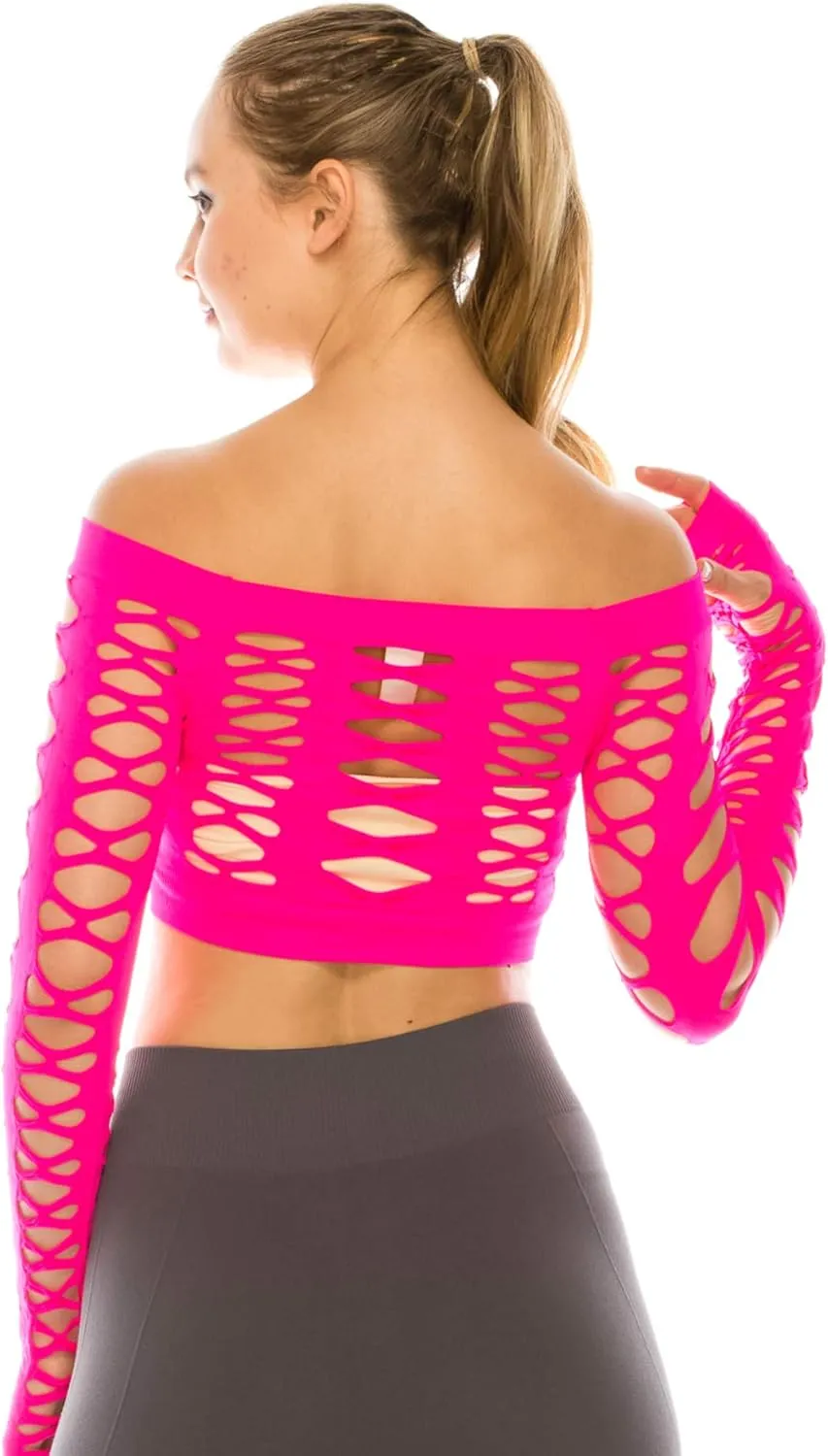 Kurve Women’s Sexy Fishnet Top – Hybrid Cut Out Mesh Long Sleeve Crop Shirt, UV Protective Fabric UPF 50  (Made in USA)