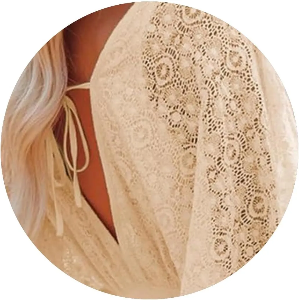 Lace Dresses for Women Crochet Romper Dress Batwing Sleeve Ruffle Hem Midi Dresses Elegant V Neck Summer Tunic Dress