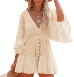 Lace Dresses for Women Crochet Romper Dress Batwing Sleeve Ruffle Hem Midi Dresses Elegant V Neck Summer Tunic Dress