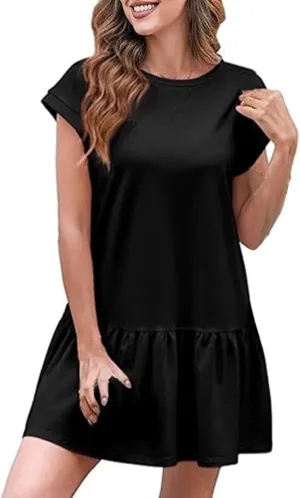 Ladies Church Dresses Comfy Stetchy Short Sleeve Ruffle Hem Short Business Work Dress Loose Swimsuit Coverup for Women