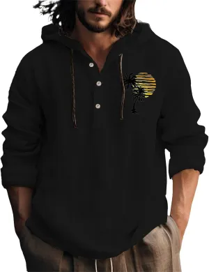 Linen Button Down Coconut Tree Pattern Printed Hooded Shirt Casual Summer Vacation Beach Long Sleeve Tees with Hooded