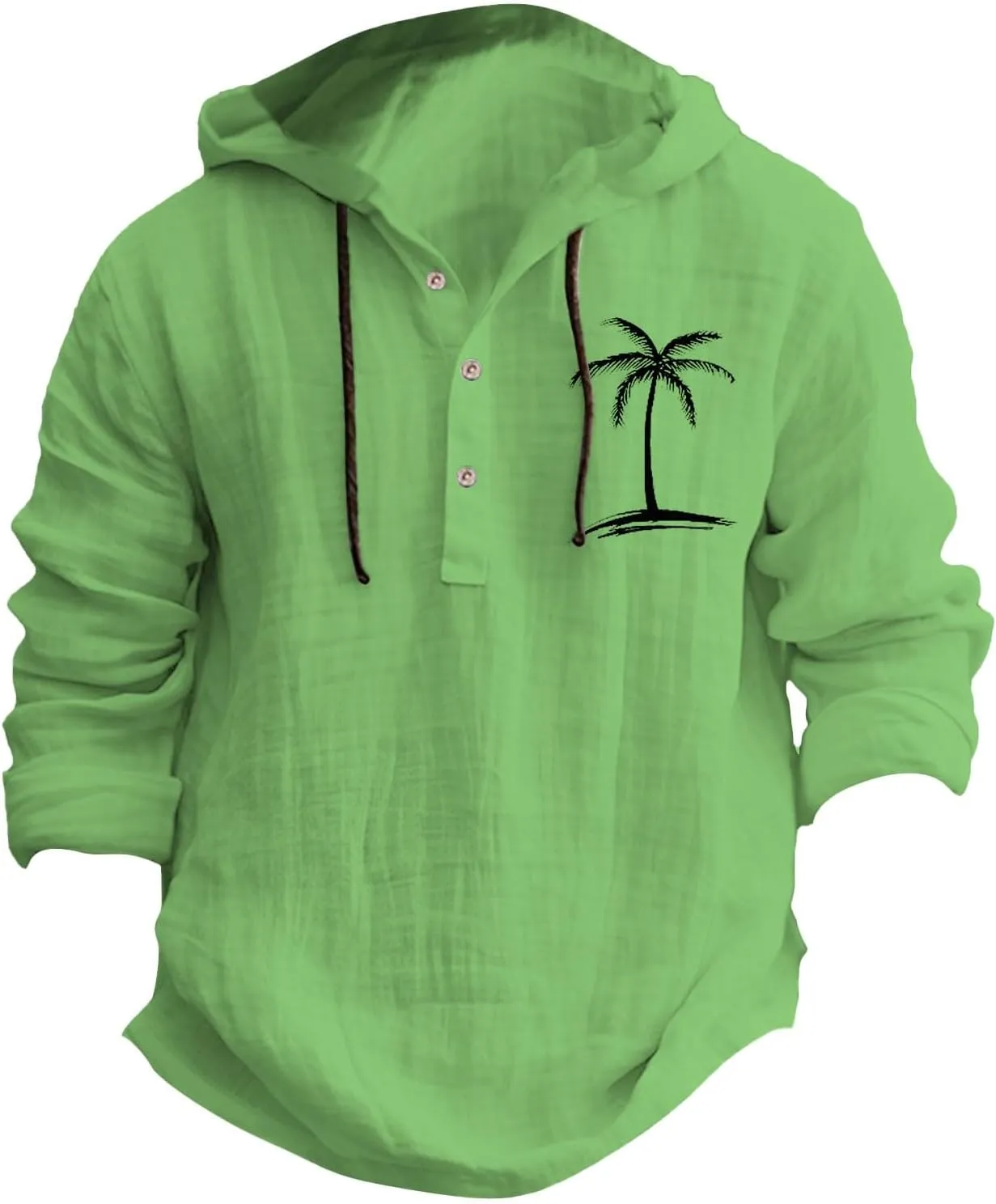 Linen Button Down Coconut Tree Pattern Printed Hooded Shirt Casual Summer Vacation Beach Long Sleeve Tees with Hooded