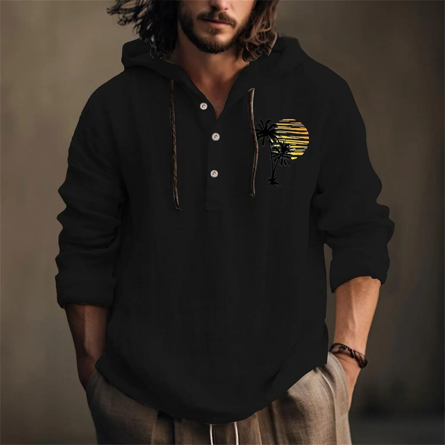 Linen Button Down Coconut Tree Pattern Printed Hooded Shirt Casual Summer Vacation Beach Long Sleeve Tees with Hooded