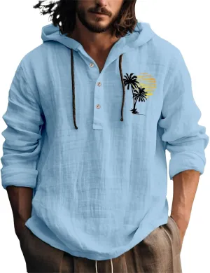Linen Button Down Coconut Tree Pattern Printed Hooded Shirt Casual Summer Vacation Beach Long Sleeve Tees with Hooded