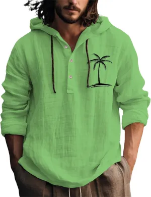 Linen Button Down Coconut Tree Pattern Printed Hooded Shirt Casual Summer Vacation Beach Long Sleeve Tees with Hooded