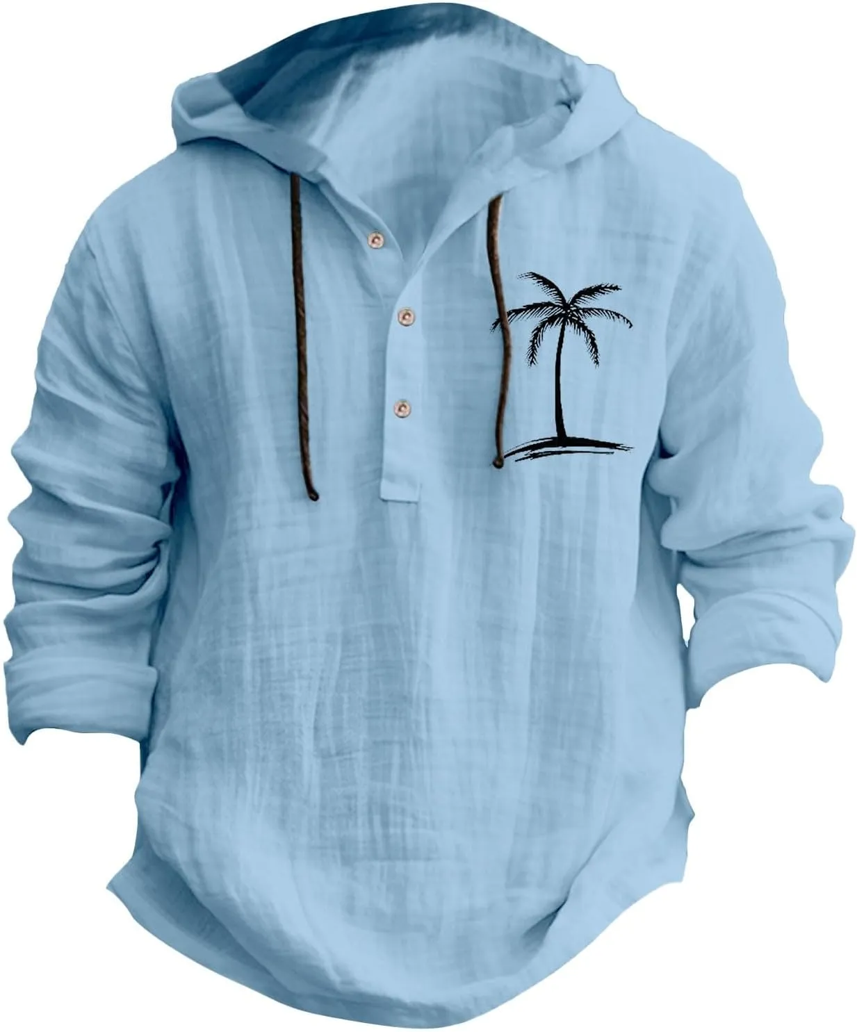 Linen Button Down Coconut Tree Pattern Printed Hooded Shirt Casual Summer Vacation Beach Long Sleeve Tees with Hooded
