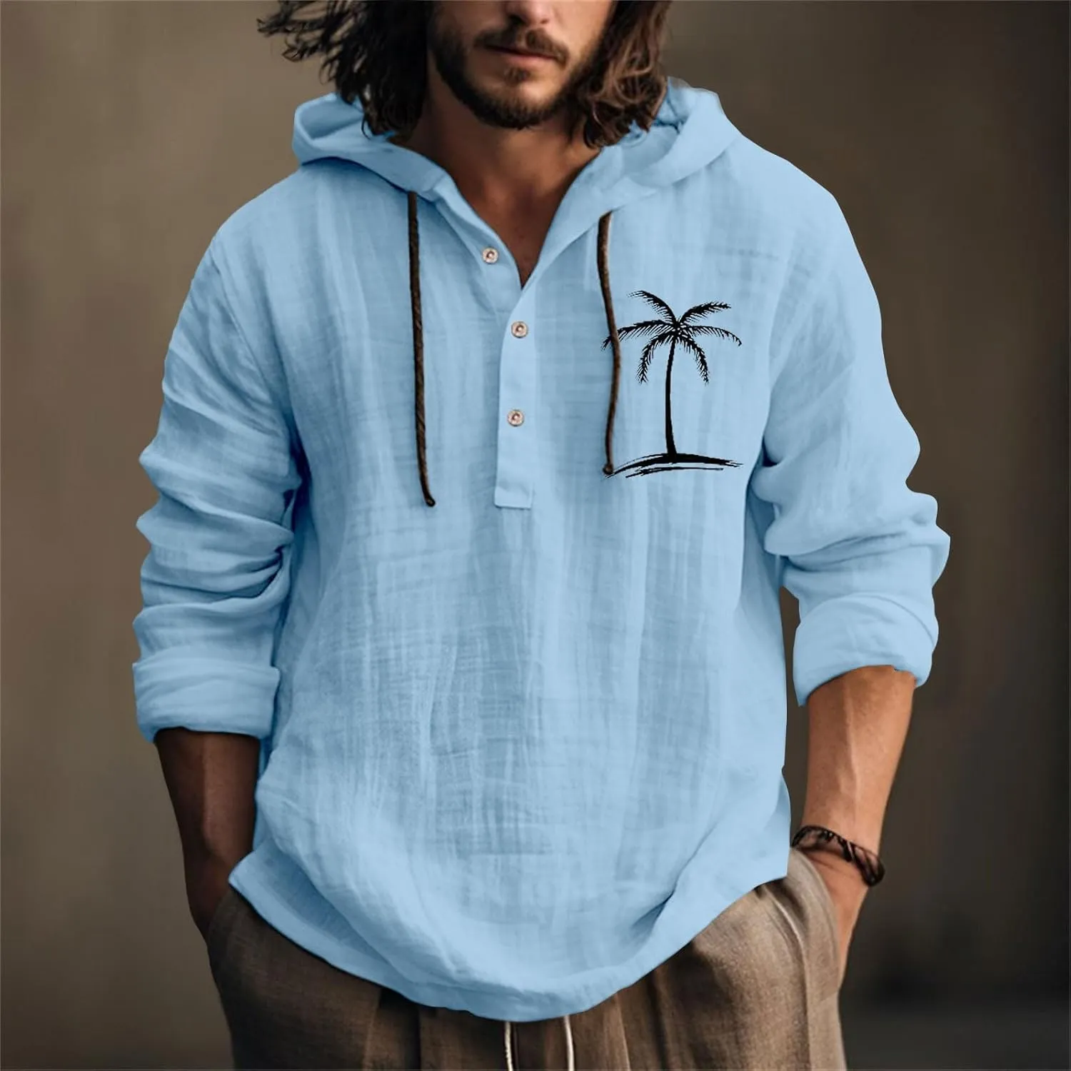 Linen Button Down Coconut Tree Pattern Printed Hooded Shirt Casual Summer Vacation Beach Long Sleeve Tees with Hooded