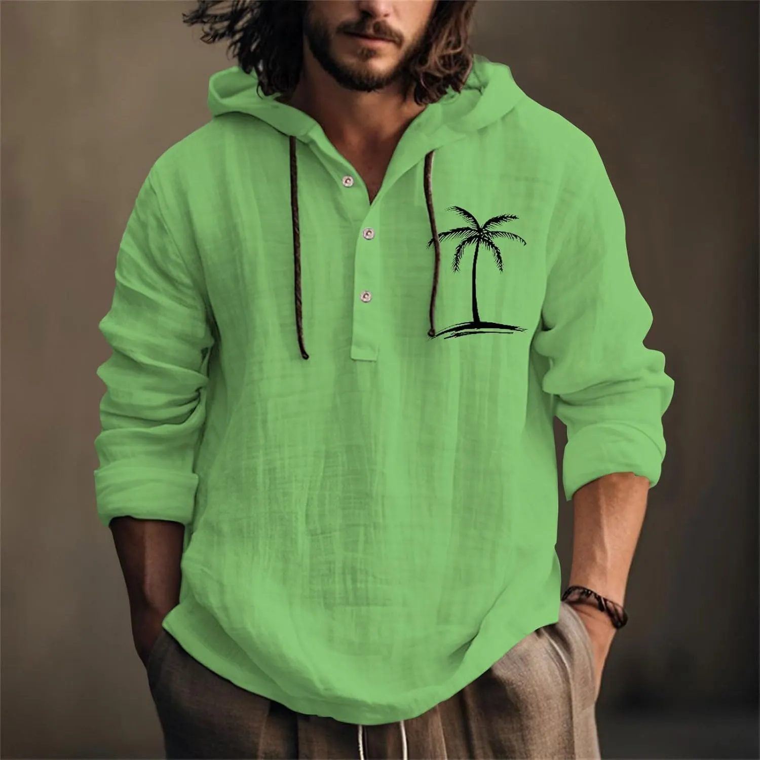 Linen Button Down Coconut Tree Pattern Printed Hooded Shirt Casual Summer Vacation Beach Long Sleeve Tees with Hooded