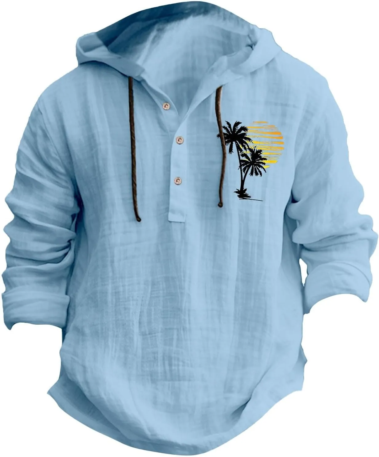 Linen Button Down Coconut Tree Pattern Printed Hooded Shirt Casual Summer Vacation Beach Long Sleeve Tees with Hooded
