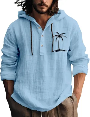 Linen Button Down Coconut Tree Pattern Printed Hooded Shirt Casual Summer Vacation Beach Long Sleeve Tees with Hooded