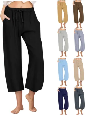 Linen Capri Pants for Women Casual Summer Wide Leg Pants High Waisted Drawstring Palazzo Lightweight Beach Capris