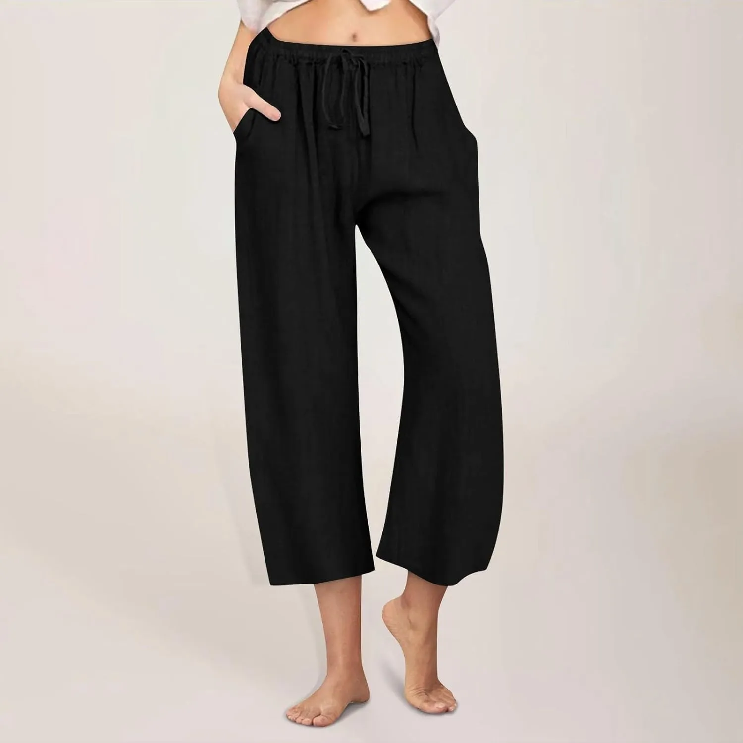 Linen Capri Pants for Women Casual Summer Wide Leg Pants High Waisted Drawstring Palazzo Lightweight Beach Capris