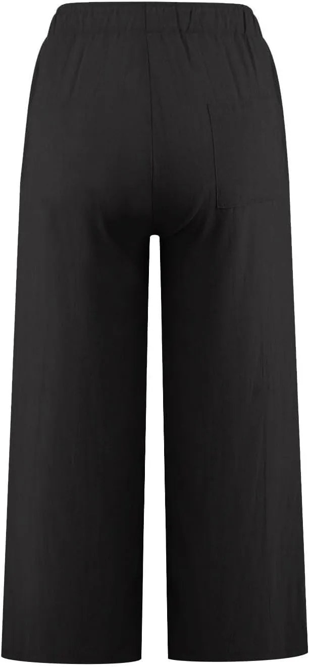 Linen Capri Pants for Women Casual Summer Wide Leg Pants High Waisted Drawstring Palazzo Lightweight Beach Capris
