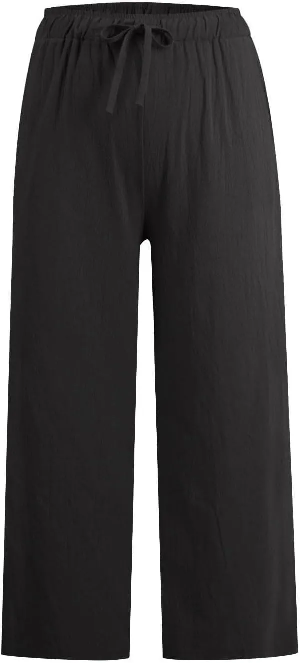 Linen Capri Pants for Women Casual Summer Wide Leg Pants High Waisted Drawstring Palazzo Lightweight Beach Capris