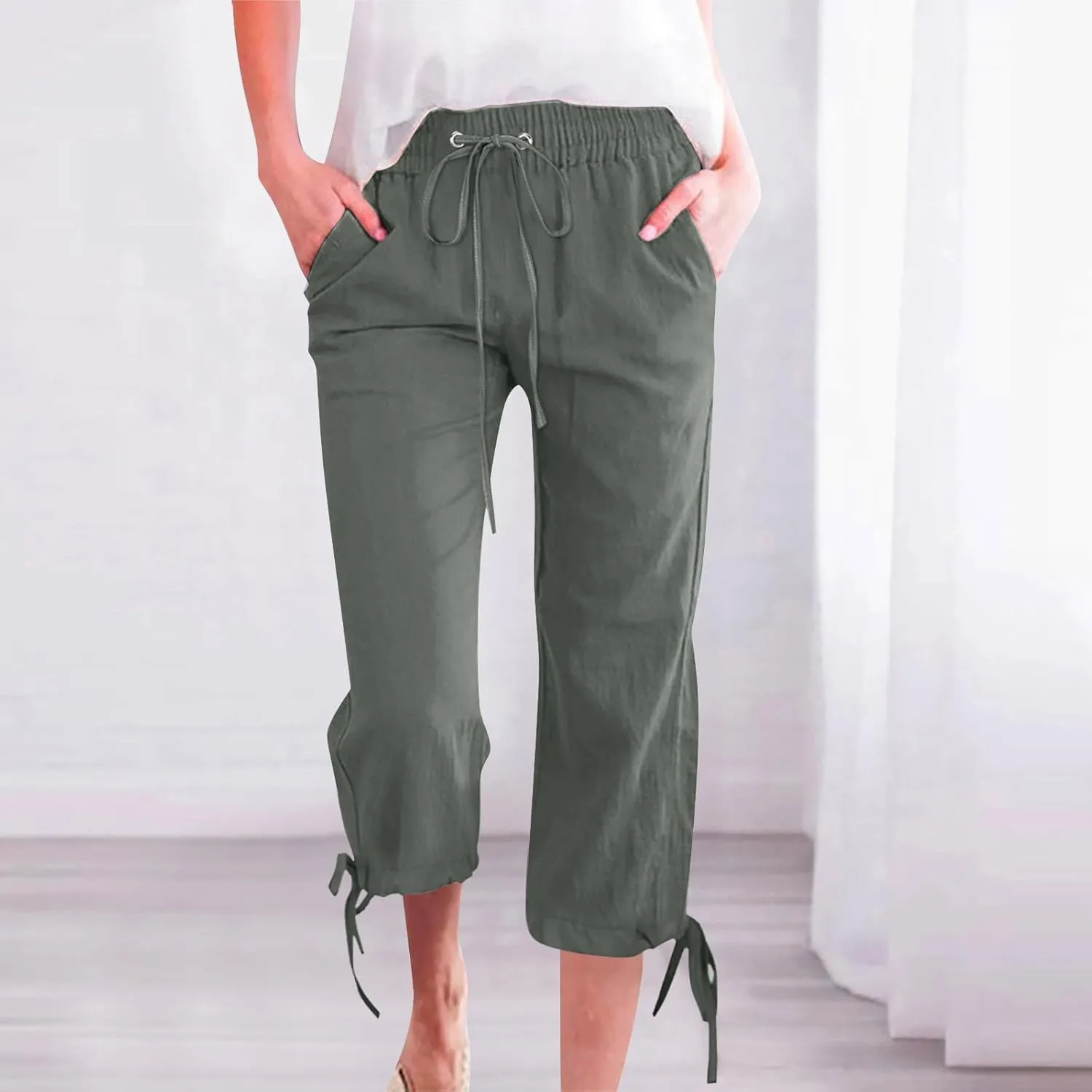 Linen Capri Pants for Women Cotton Lined Wide Leg Summer Pants Drawstring Elastic Waist Trendy Capris Trousers S-5X