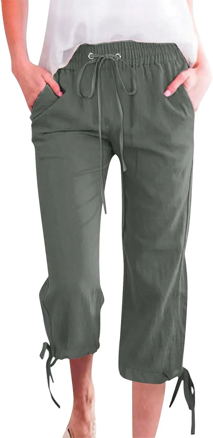 Linen Capri Pants for Women Cotton Lined Wide Leg Summer Pants Drawstring Elastic Waist Trendy Capris Trousers S-5X