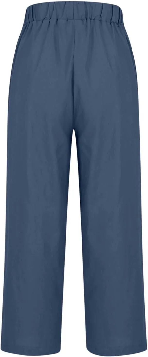 Linen Capri Pants for Women Summer High Waisted Wide Leg Lounge Pants Beach Vacation Trouser with Pockets 2025