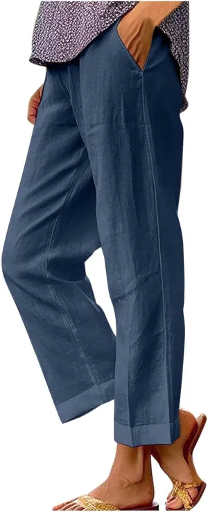Linen Capri Pants for Women Summer High Waisted Wide Leg Lounge Pants Beach Vacation Trouser with Pockets 2025