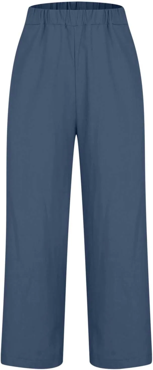 Linen Capri Pants for Women Summer High Waisted Wide Leg Lounge Pants Beach Vacation Trouser with Pockets 2025