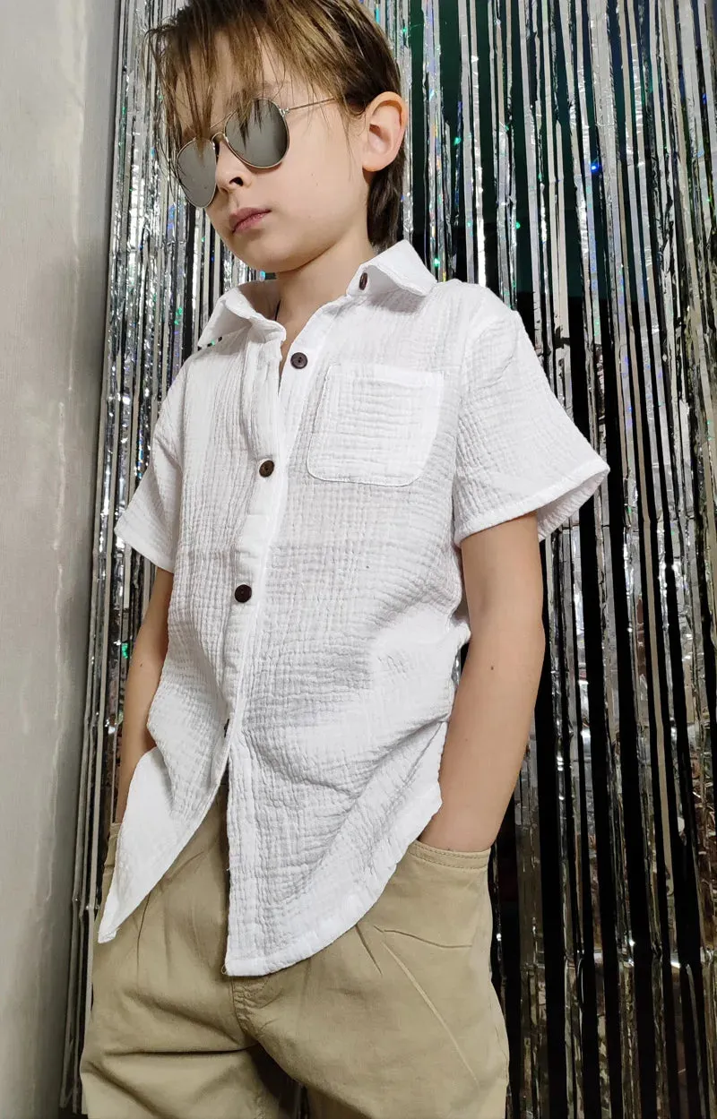 Linen Cotton White Shirts Boys Girls Summer T-Shirts Formal Dress Shirts Children Clothing Kids Button Blouse