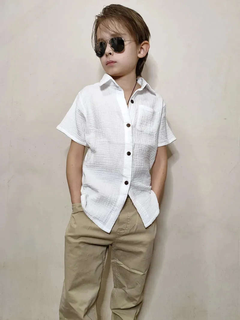 Linen Cotton White Shirts Boys Girls Summer T-Shirts Formal Dress Shirts Children Clothing Kids Button Blouse