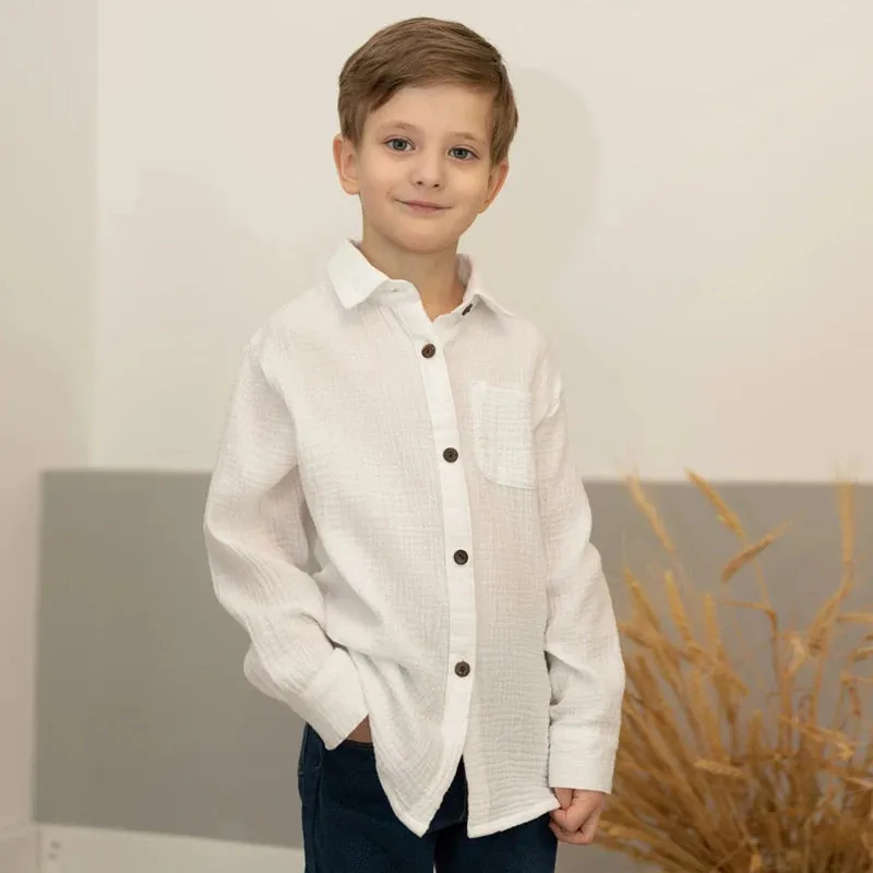 Linen Cotton White Shirts Boys Girls Summer T-Shirts Formal Dress Shirts Children Clothing Kids Button Blouse
