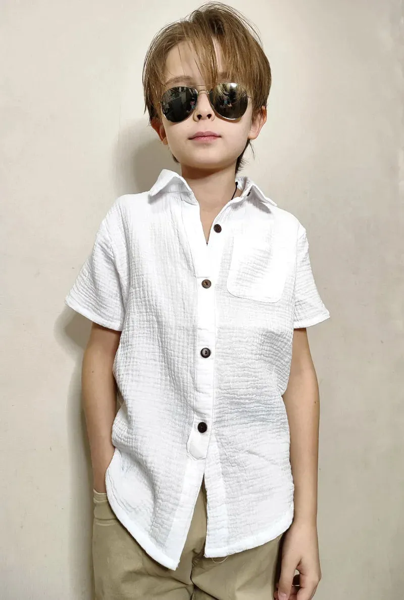 Linen Cotton White Shirts Boys Girls Summer T-Shirts Formal Dress Shirts Children Clothing Kids Button Blouse