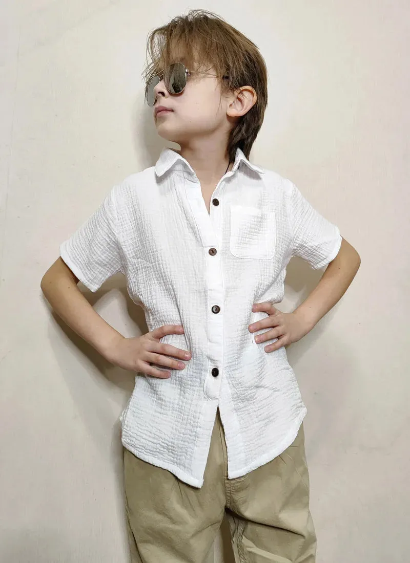 Linen Cotton White Shirts Boys Girls Summer T-Shirts Formal Dress Shirts Children Clothing Kids Button Blouse