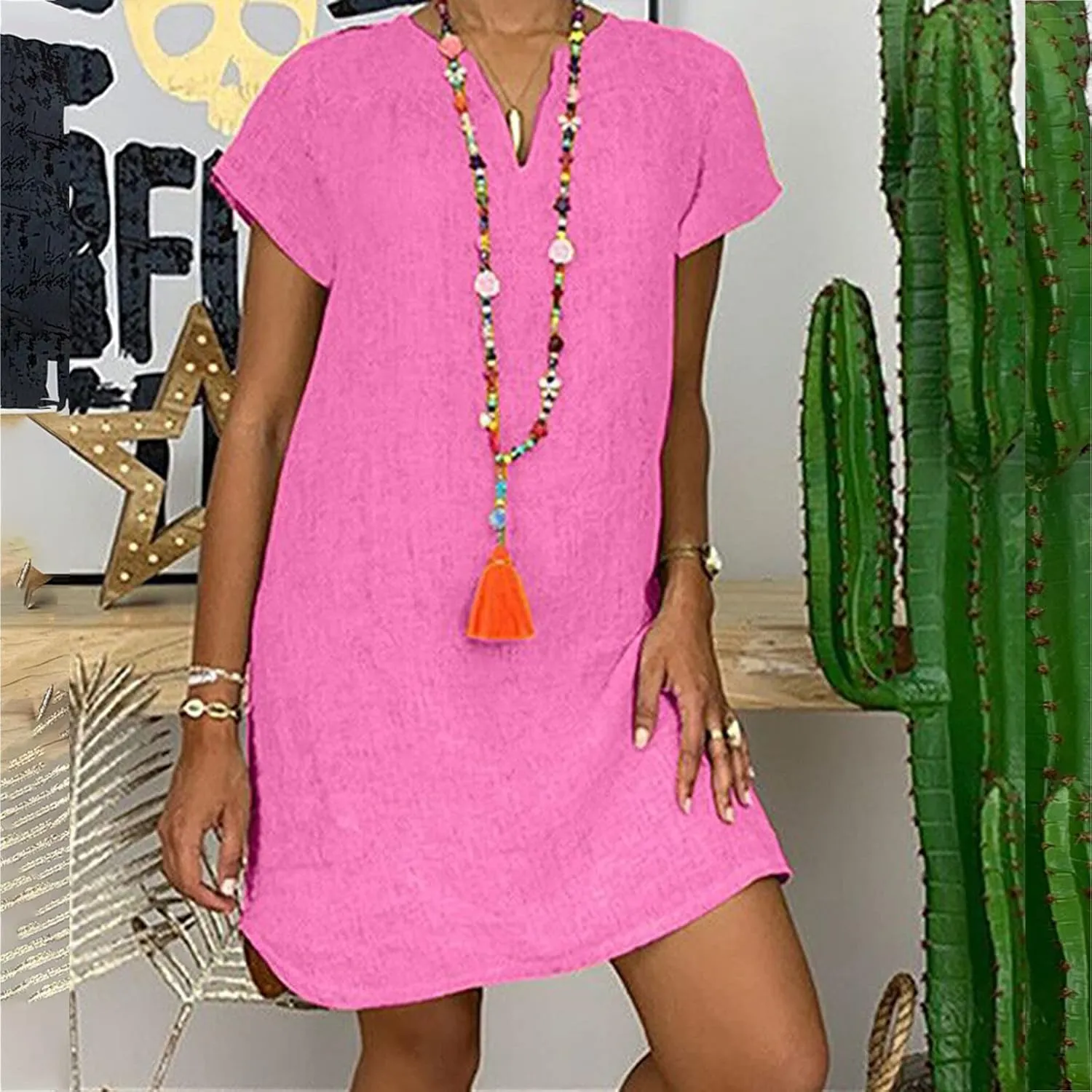 Linen Dress for Women Summer V Neck Cap Sleeve Sundress Beach Vacation Soft Plus Size Casual Mini Dresses 2025