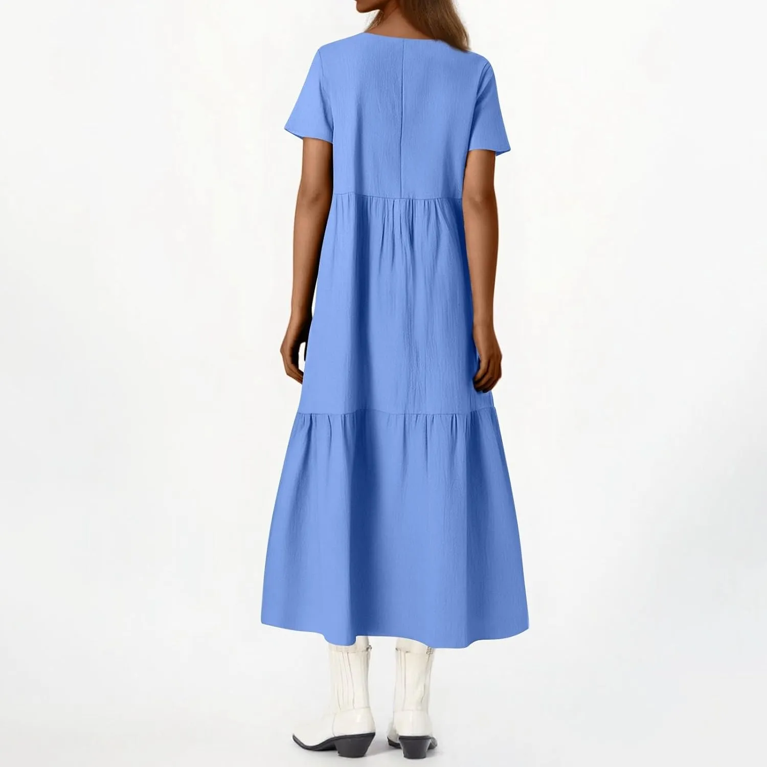 Linen Dress Women Summer Short Sleeve V Neck Plus Size Maxi Dress Casual Flowy Loose Long Vacation Beach Dresses