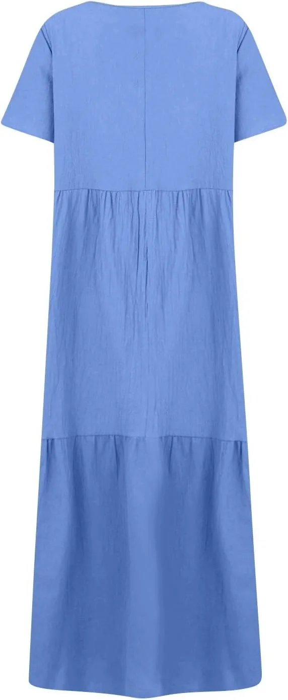 Linen Dress Women Summer Short Sleeve V Neck Plus Size Maxi Dress Casual Flowy Loose Long Vacation Beach Dresses