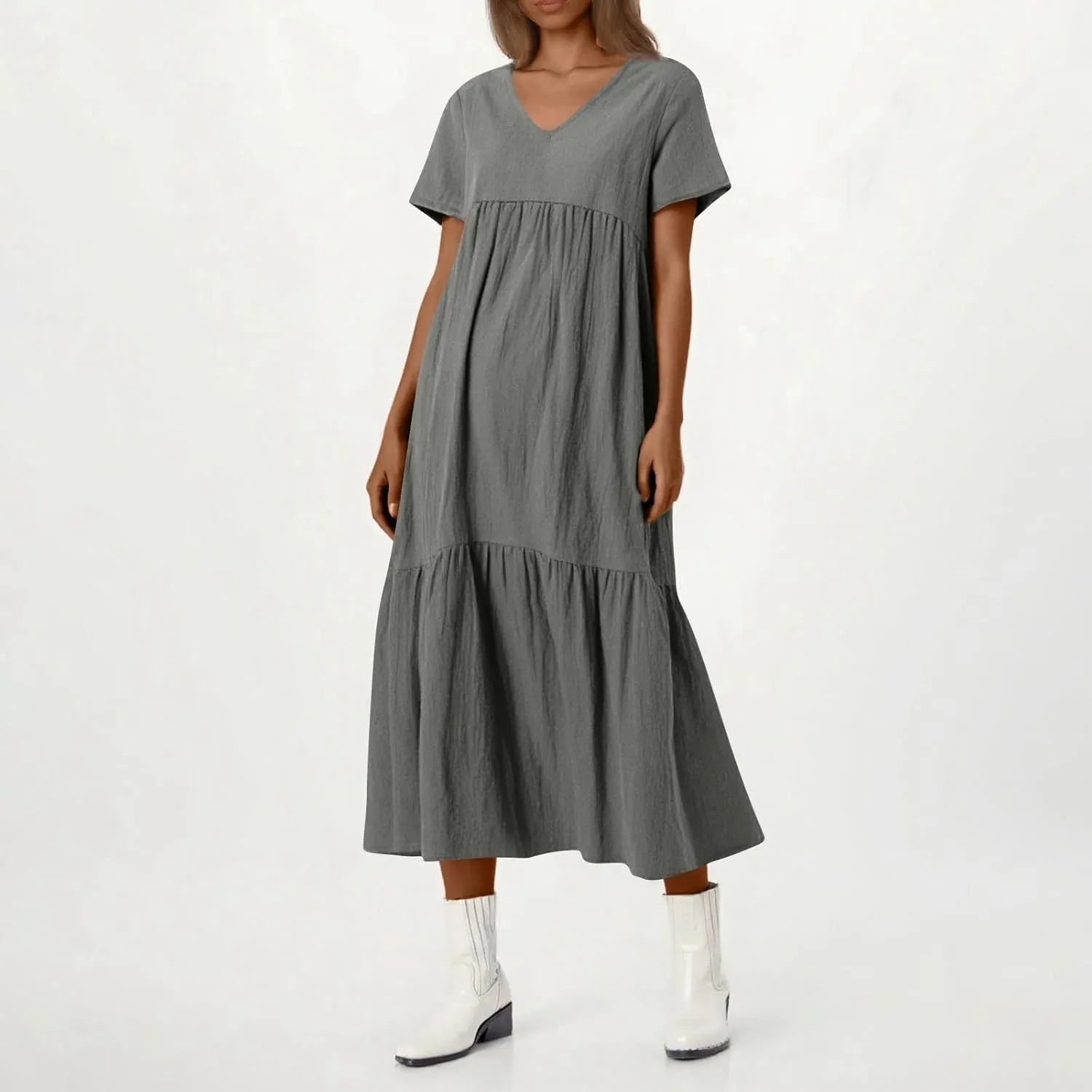 Linen Dress Women Summer Short Sleeve V Neck Plus Size Maxi Dress Casual Flowy Loose Long Vacation Beach Dresses
