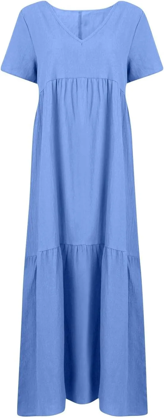 Linen Dress Women Summer Short Sleeve V Neck Plus Size Maxi Dress Casual Flowy Loose Long Vacation Beach Dresses