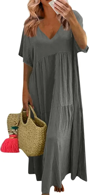 Linen Dress Women Summer Short Sleeve V Neck Plus Size Maxi Dress Casual Flowy Loose Long Vacation Beach Dresses