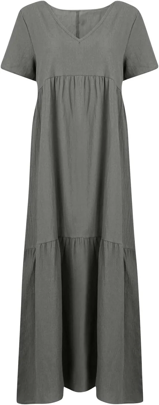 Linen Dress Women Summer Short Sleeve V Neck Plus Size Maxi Dress Casual Flowy Loose Long Vacation Beach Dresses