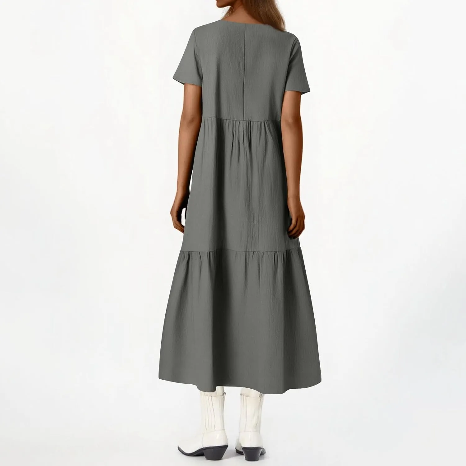 Linen Dress Women Summer Short Sleeve V Neck Plus Size Maxi Dress Casual Flowy Loose Long Vacation Beach Dresses
