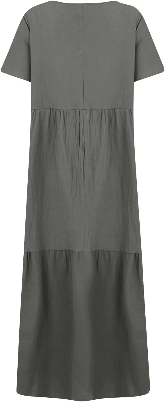Linen Dress Women Summer Short Sleeve V Neck Plus Size Maxi Dress Casual Flowy Loose Long Vacation Beach Dresses