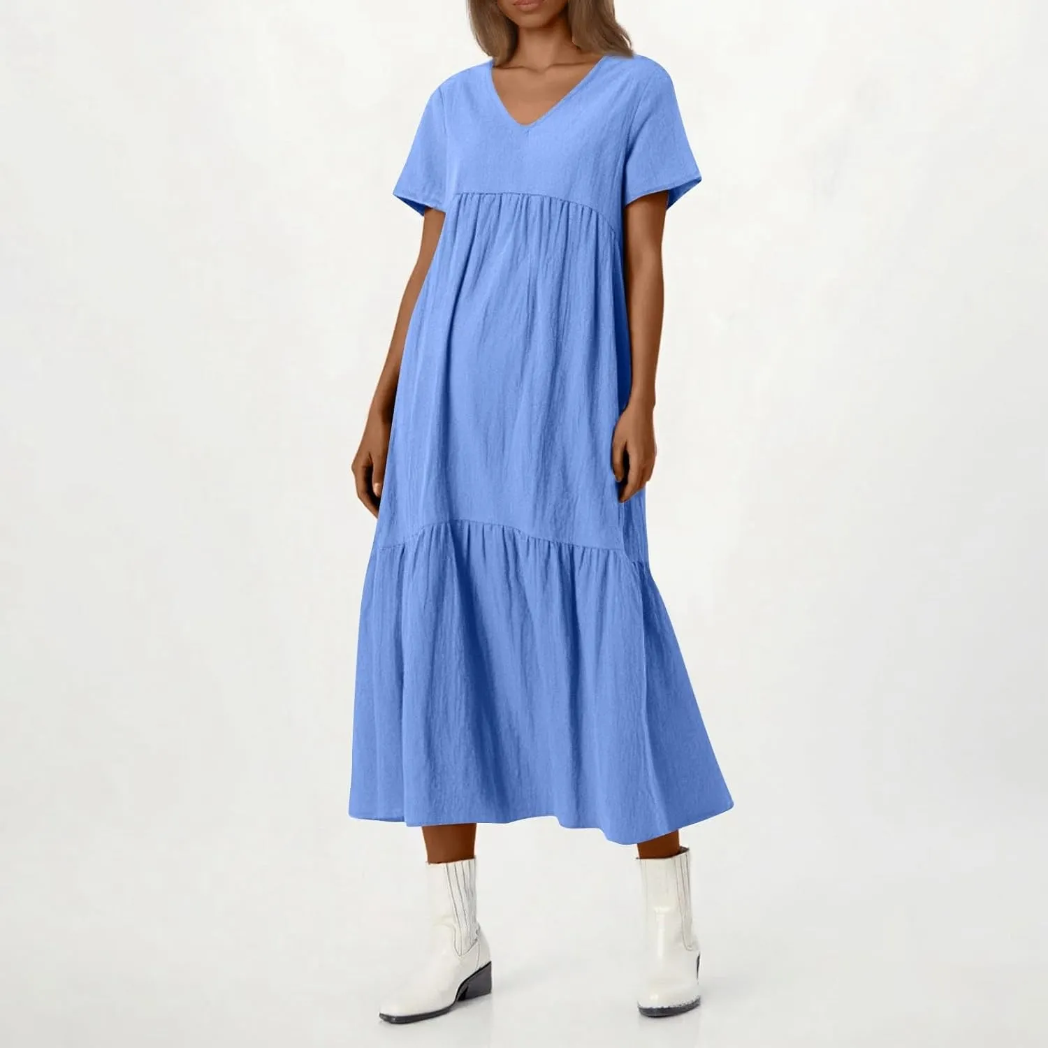 Linen Dress Women Summer Short Sleeve V Neck Plus Size Maxi Dress Casual Flowy Loose Long Vacation Beach Dresses