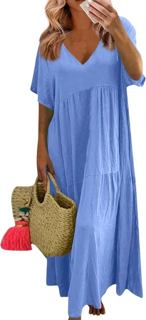 Linen Dress Women Summer Short Sleeve V Neck Plus Size Maxi Dress Casual Flowy Loose Long Vacation Beach Dresses