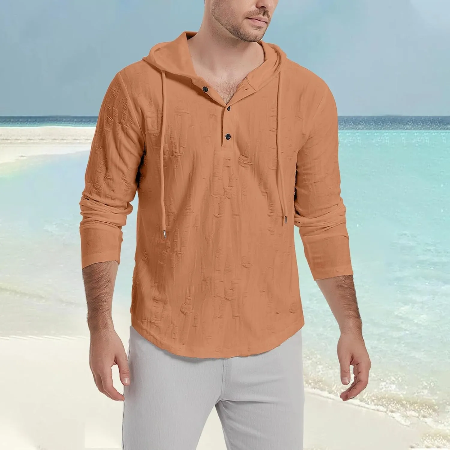 Linen Hoodies for Men Summer Lightweight Breathable Dry Fit Beach Tops Casual Long Sleeve Slim Fit Solid Sweatshirts