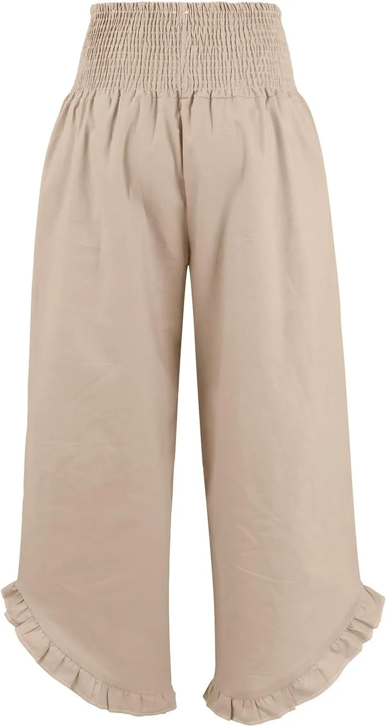 Linen Palazzo Pants for Women Smocked Waist Boho Wide Leg Trousers Baggy Ruffle Vacation Beach Pants with Pockets